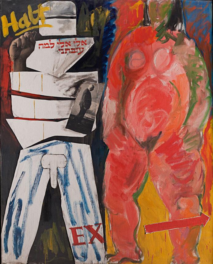 Image of untitled collage of male and female figure by Miriam Laufer with the words "Halt" and "Ex".