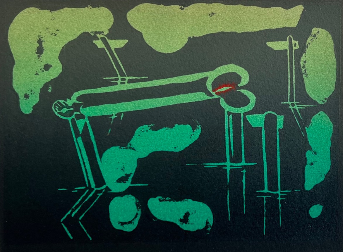 Image of untitled (025) 1974 abstract lithograph by Hans Burkhardt in greens,½d and black.