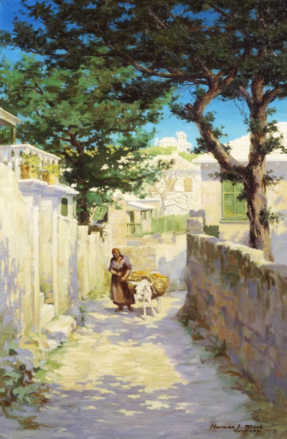 Image of Norman I. Black sold oil painting &quot;Bermuda Street Scene&quot; showing a quiet street with a woman leading a laden white donkey up a hill between buildings and a stone wall.