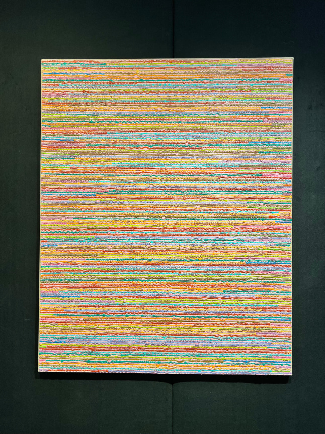 Image of Positano III/C painting by Paul Sharits hanging on the wall, an abstract painting featuring many thick, squiggly lines of different colored acrylic paint.
