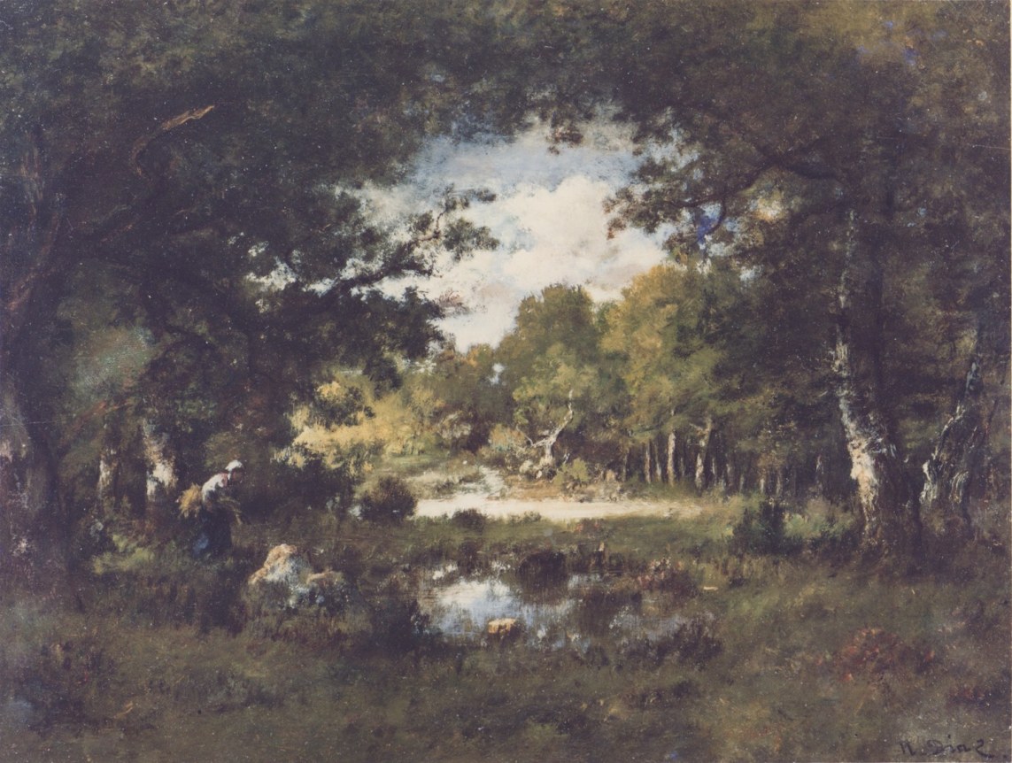 Image of oil painting showing a person wood gathering in a clearing by Emile Diaz de la Pe&ntilde;a.