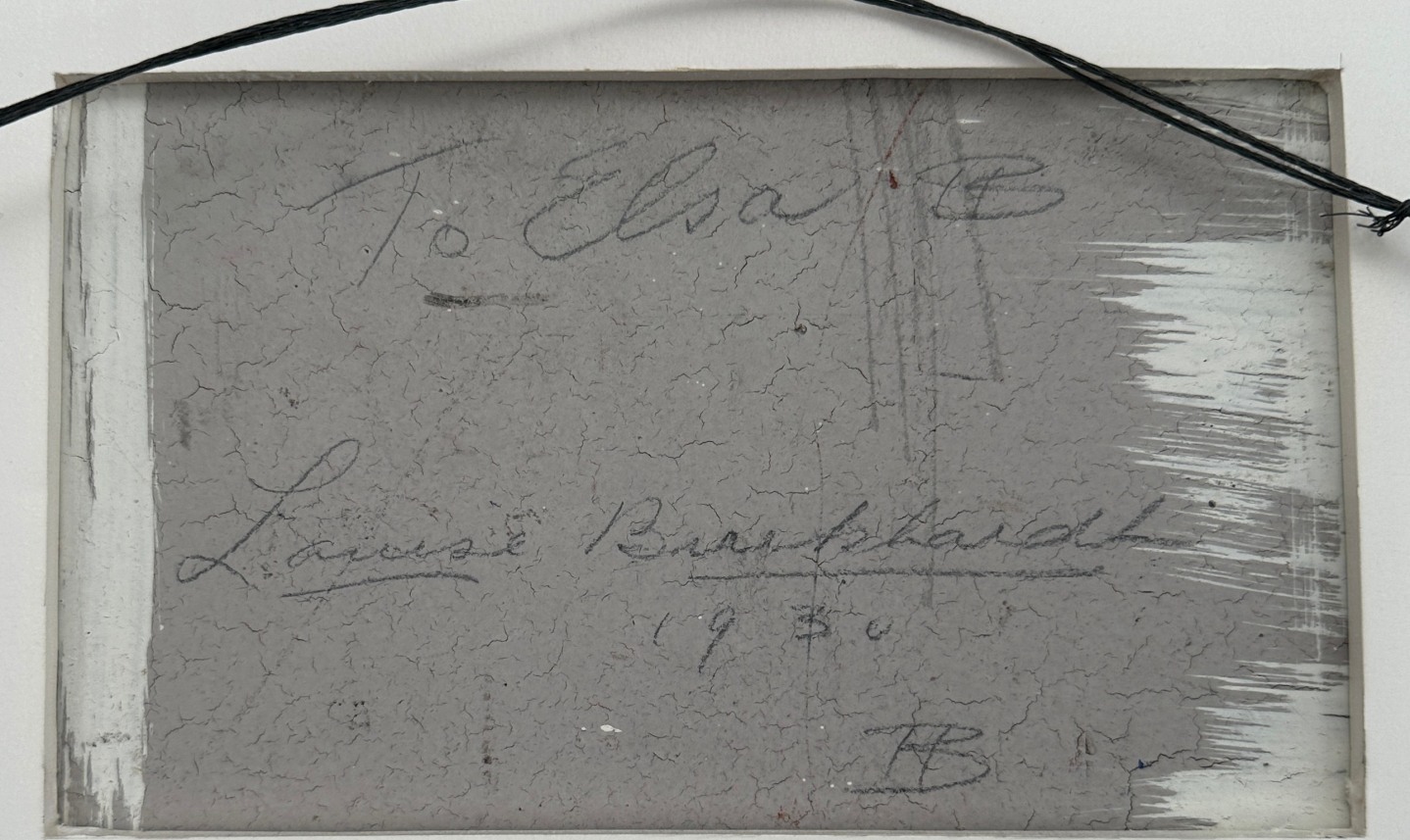 Image of verso inscription of Hans Burkhardt's 1930 nude portrait of his wife Louise, kneeling on a sofa.