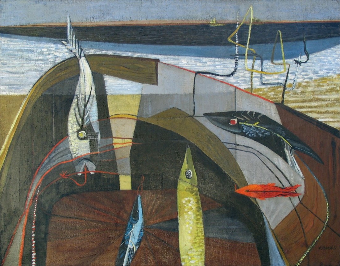 Virginia Banks sold modernist abstract oil painting titled "Basket of Line and Bait" showing various colored and sized fish, and wonky lines in a basket in front of a body of water.