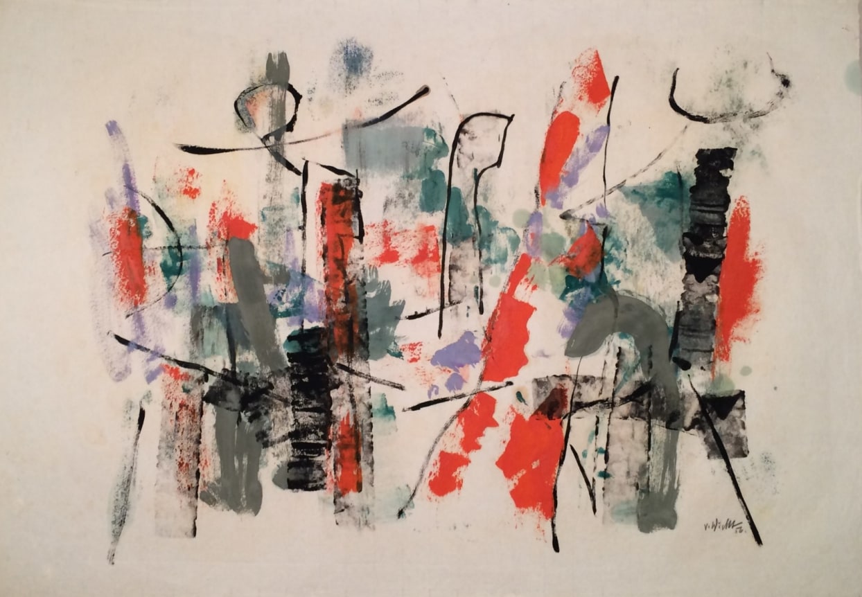 Image of John Von Wicht untitled 1956 harbor abstraction in reds, black, greens and other colors.