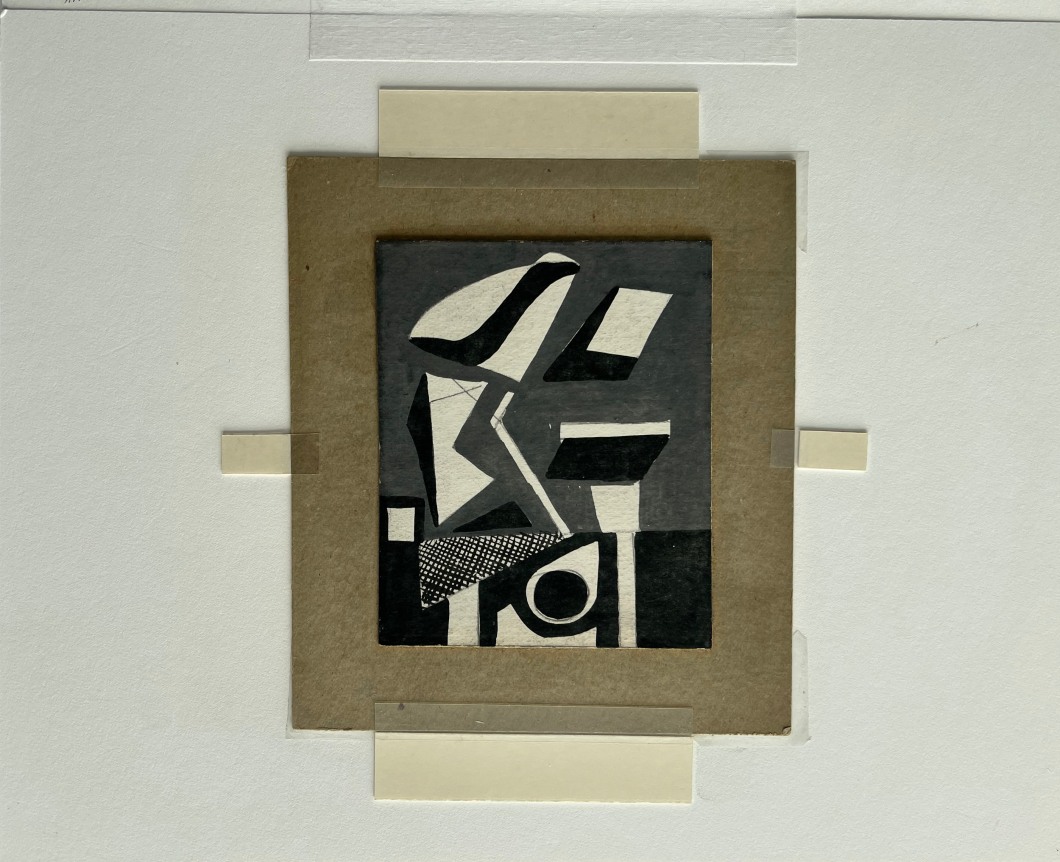 Image of black and white untitled abstraction (005) by Vaclav Vytlacil mounted on mat.