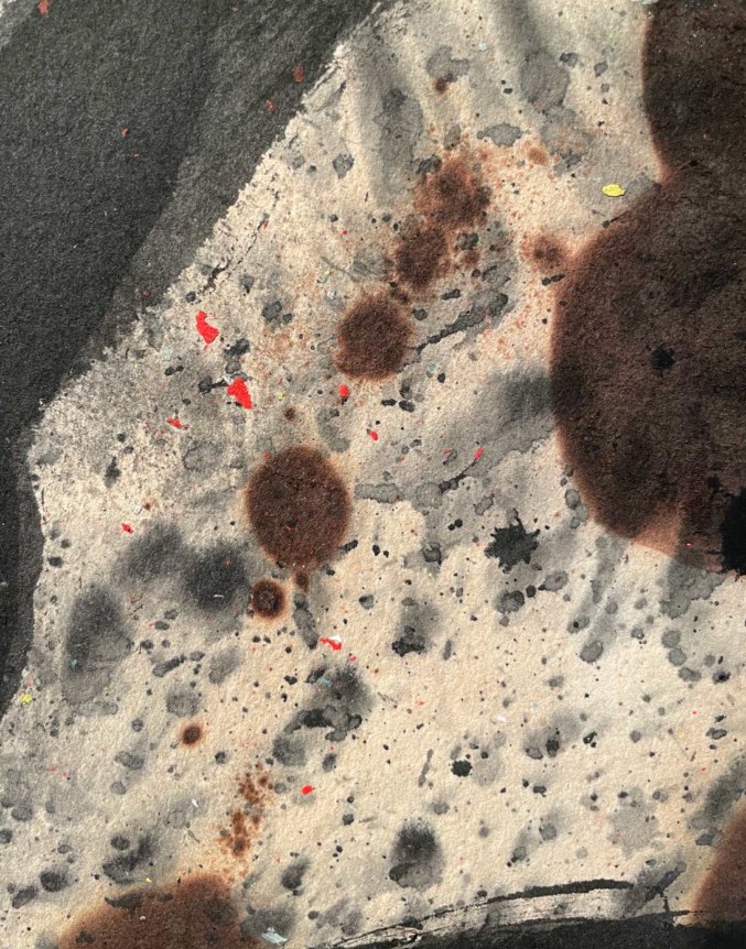 Image of detail on Joan Mir&oacute; 1967 abstract painting &quot;T&ecirc;te de femme&quot; of grey, brown and small speckles of red.