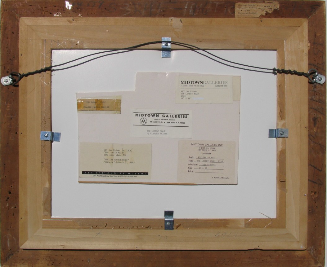 Labels verso on &quot;The Lonely Road&quot; painting by William Palmer.