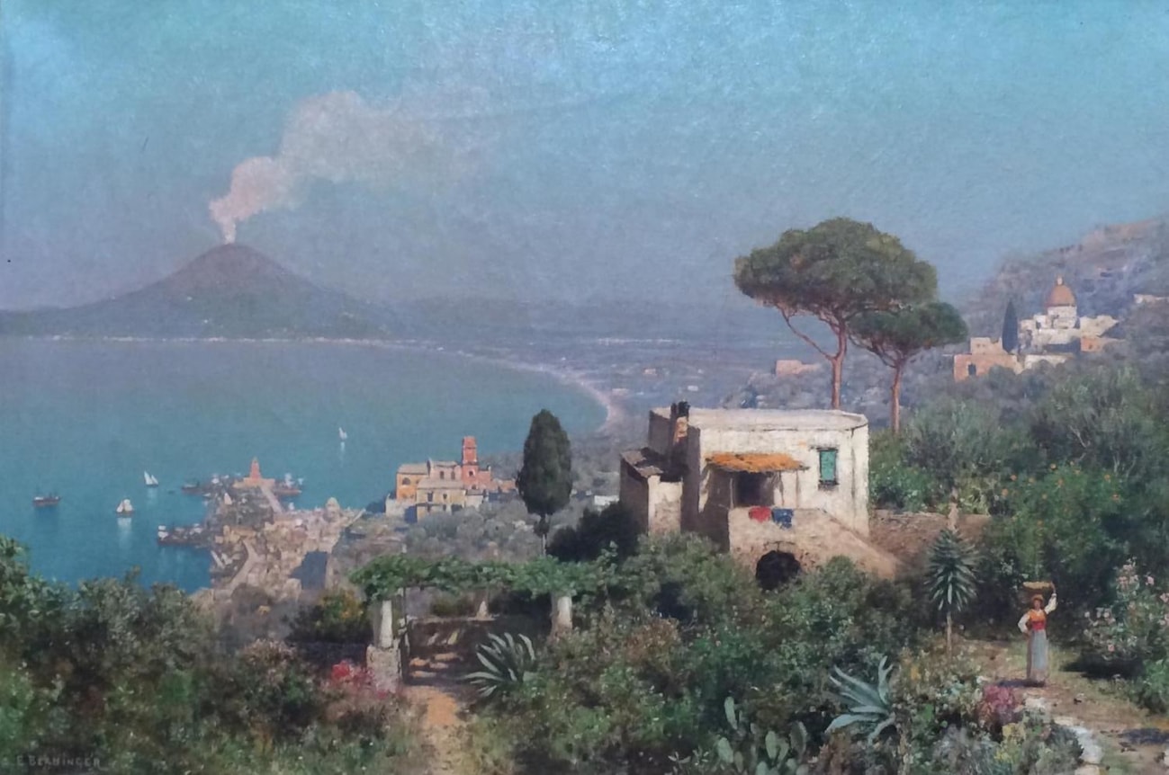 Image of sold oil painting showing the Bay of Naples  with a smoking volcano in the background by Edmund Berninger.