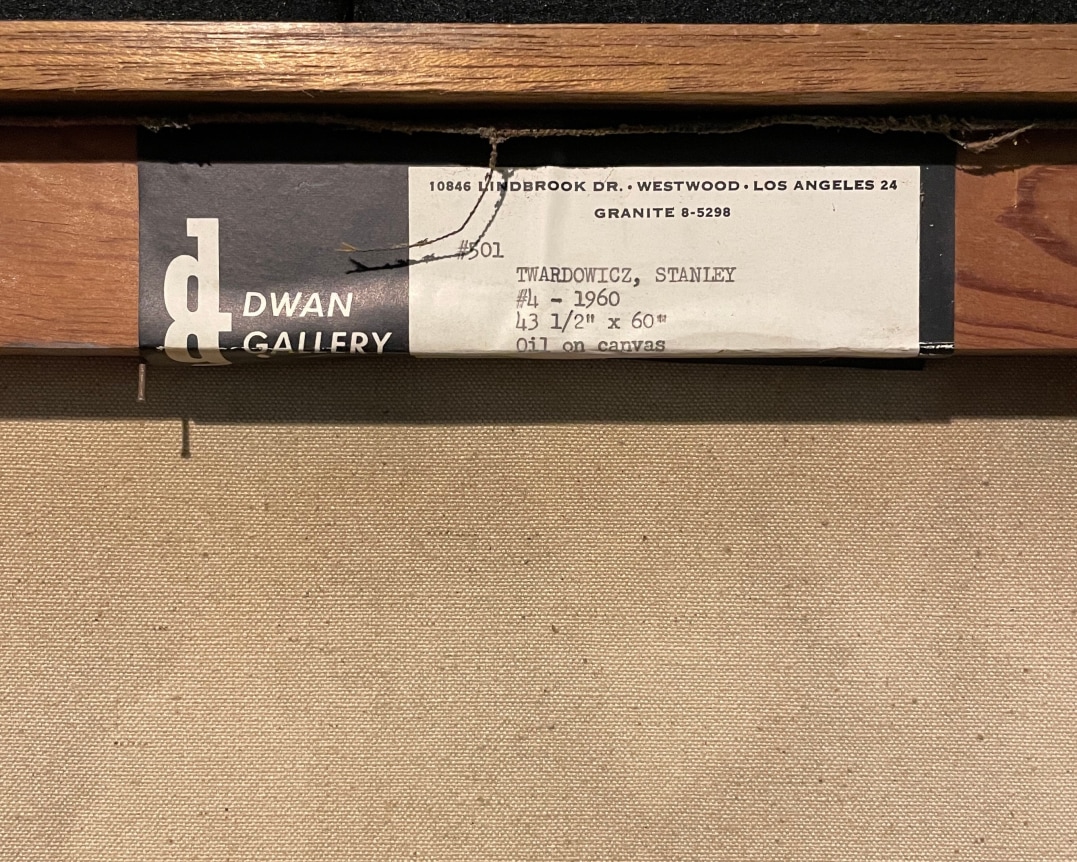 Dwan label verso on painting #4 by Stanley Twardowicz.