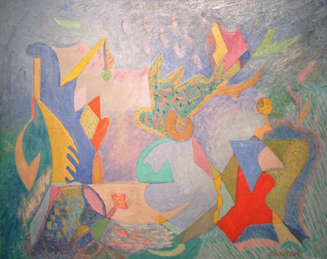 Image of untitled sold abstract oil painting by Max Schnitzler in blues, greens, yellows and oranges.