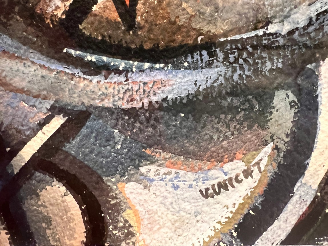 Image of signature on John Von Wicht's gouache abstract painting &quot;Conflict.&quot;