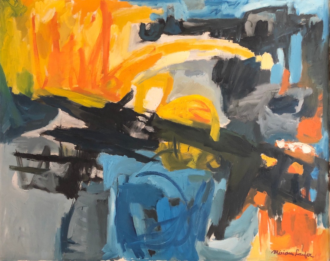 Image of Miriam Laufer's abstract oil painting entitled "Composition in Blue" by Miriam Laufer with black, orange, yellow and blue paints.