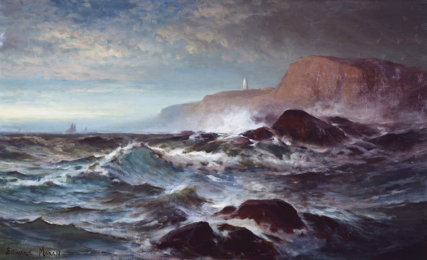 Image of sold oil painting by Edward Moran of crashing waves and a sunrise along the Maine Coast with ships and a lighthouse in the distance.