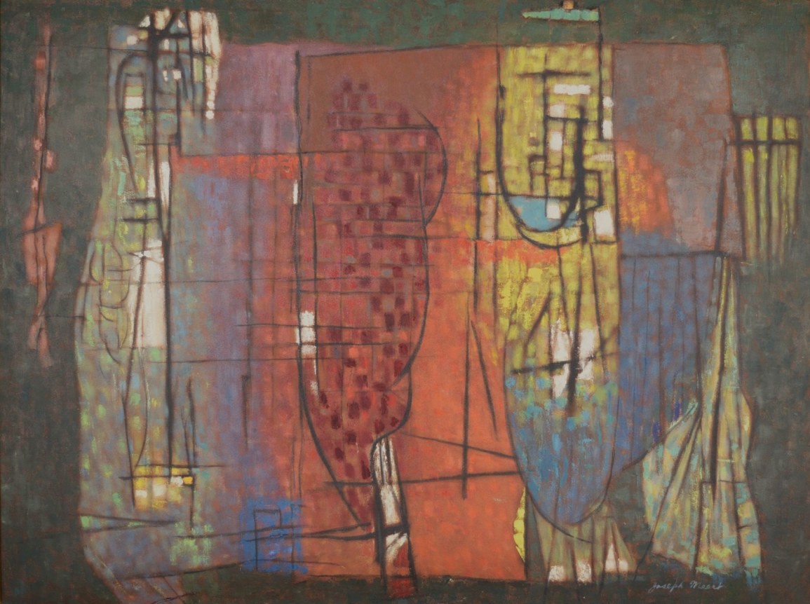 Image of abstract oil painting entitled &quot;Transition&quot; by Joseph Meert in muted colors of reds, blues, yellows and orange.