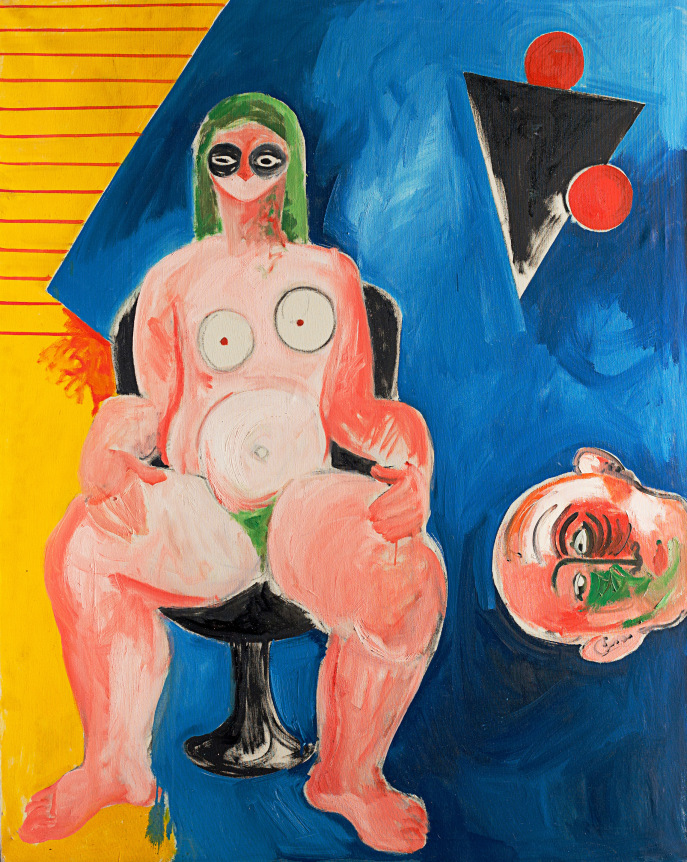 Image of untitled 1967 oil painting by Miriam Laufer showing a seated female nude abstract on the left with a male head entering the canvas sideways on the right.