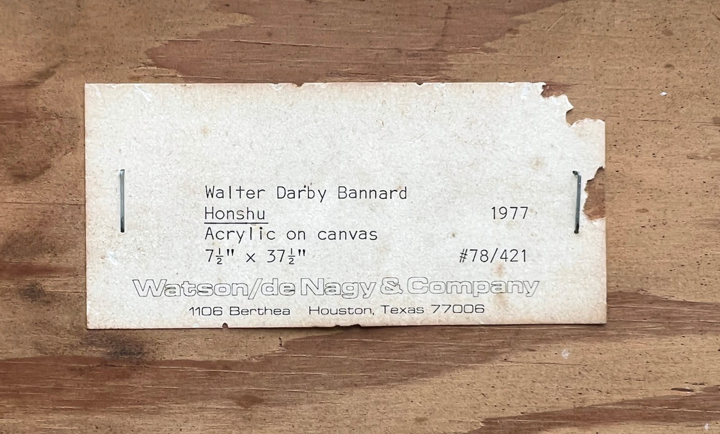 Image of label verso on Honshu by Walter Darby Bannard, an abstract painting.