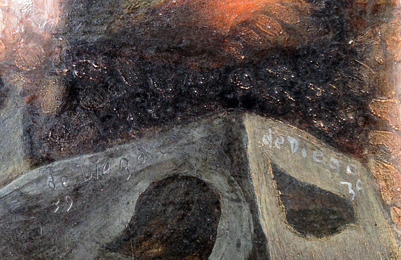 Image of painted and inscribed signature and date on &quot;Tlaloc and the Tiger&quot; painting by Julio De Diego.