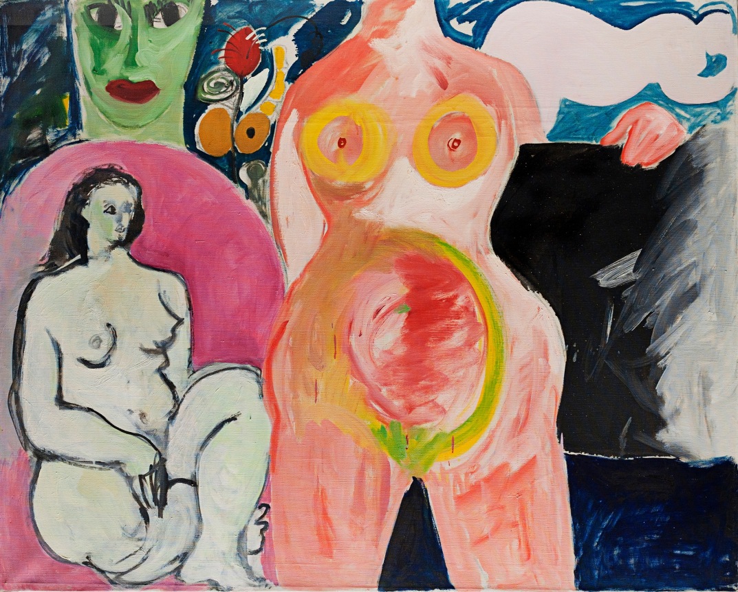 Image of a painting with two nude female figures and the head of a green-skinned woman entitled "Pink Torso" by Miriam Laufer.
