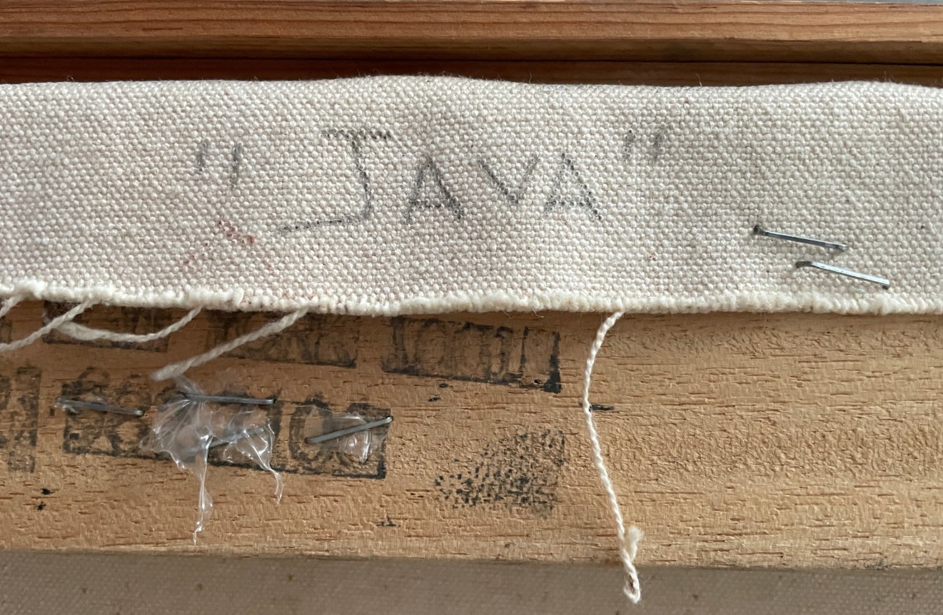 Image of title written on verso on "Java" painting by Dan Christensen.