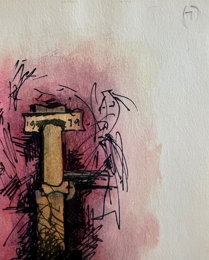 Image of detail on untitled (147) by Hans Burkhardt, showing an abstract architectural element dated 1979.