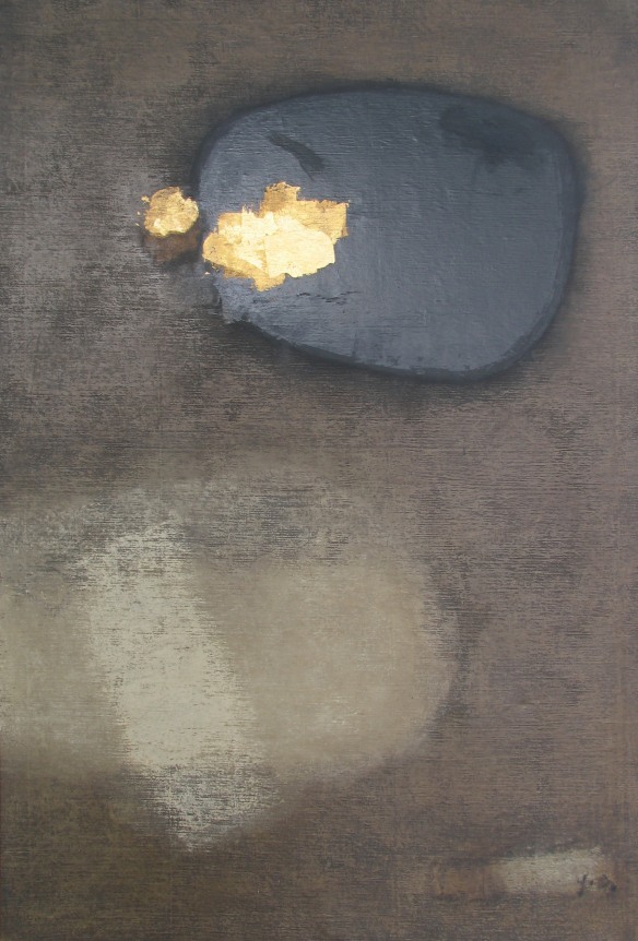 Image of abstract painting with dark colors and a splash of gold by Abstract Expressionist Yutaka Ohashi.