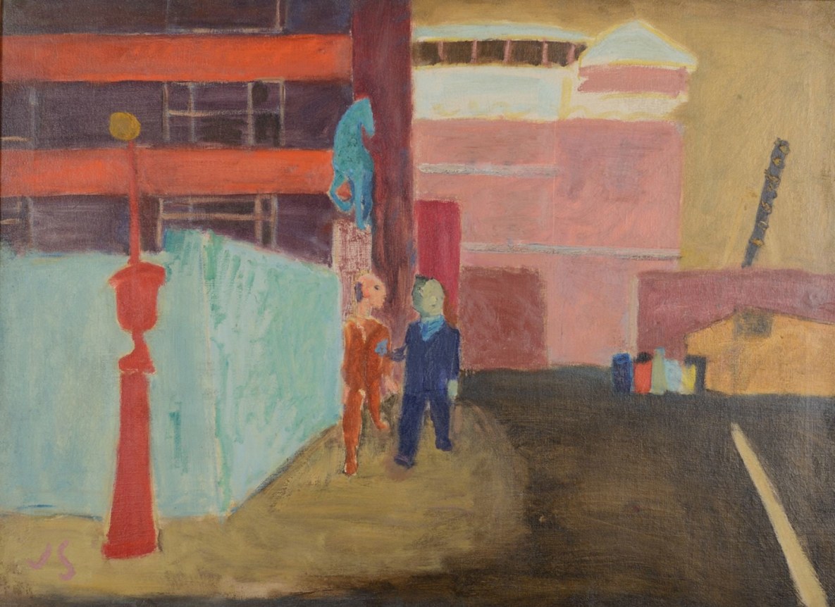 Image of modernist oil painting by Joseph Solman titled "ASPCA: Street Near Bellevue" showing two figures walking down the sidewalk..