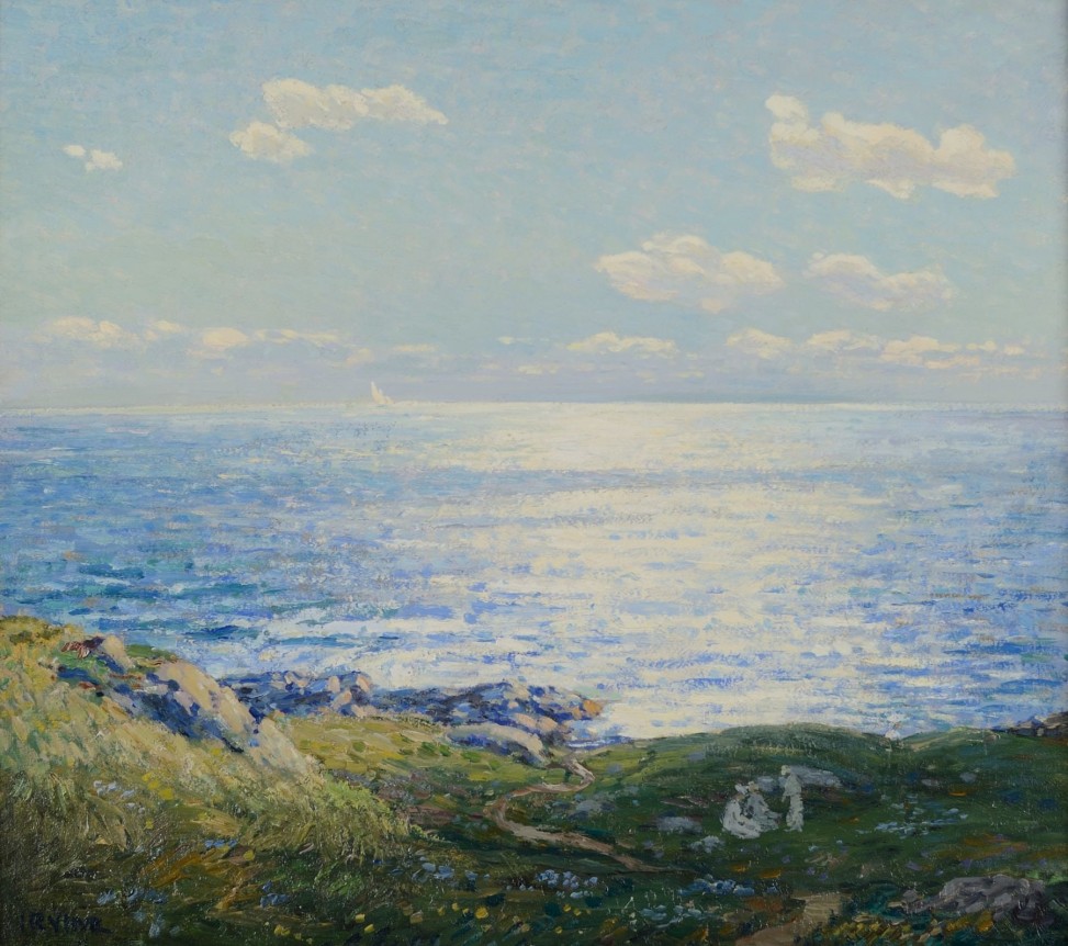 Image of sold impressionist painting of people having a picnic on Monhegan Island, Maine by Wilson Henry Irvine.