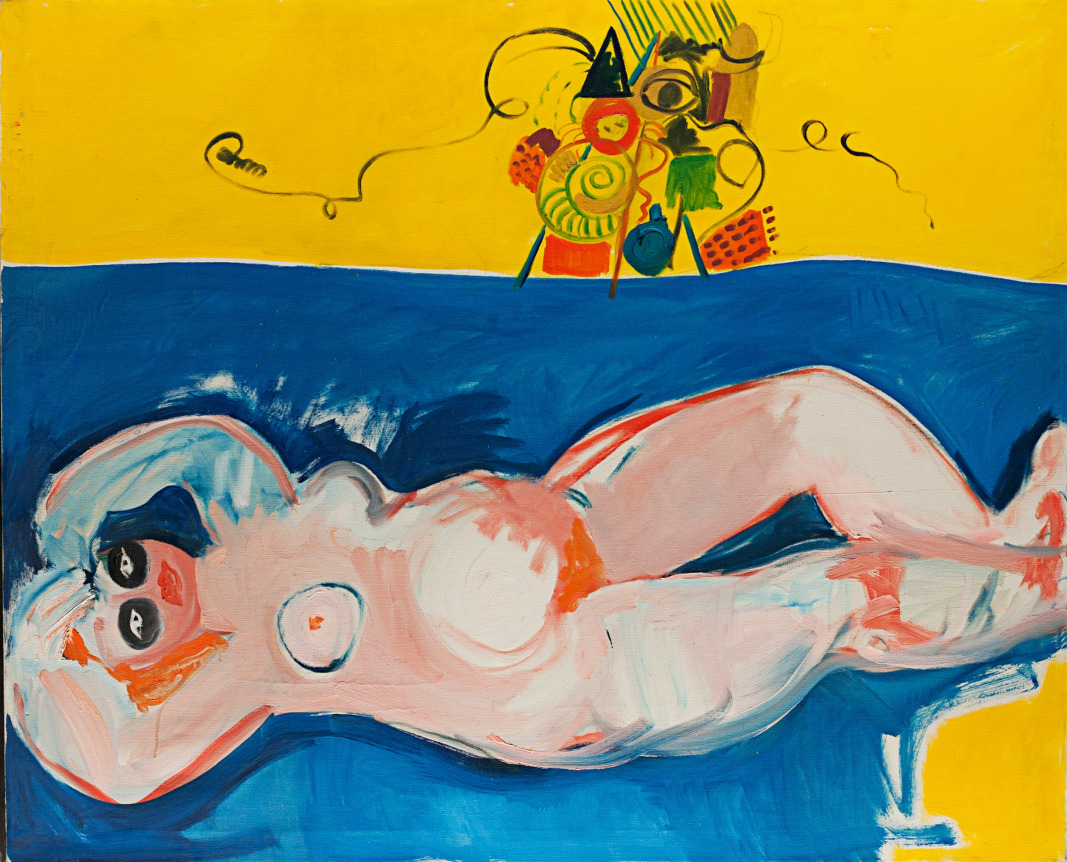 Image of oil painting titled "Blue and Yellow" by Miriam Laufe showing a nude woman with black circles around her eyes, reclining on a blue background.