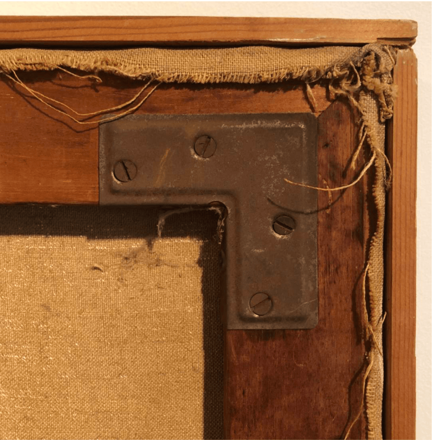 Image of verso detail of Bells of San Miguel de Allende painting by Hans Burkhardt showing corner metal frame brace and screws.
