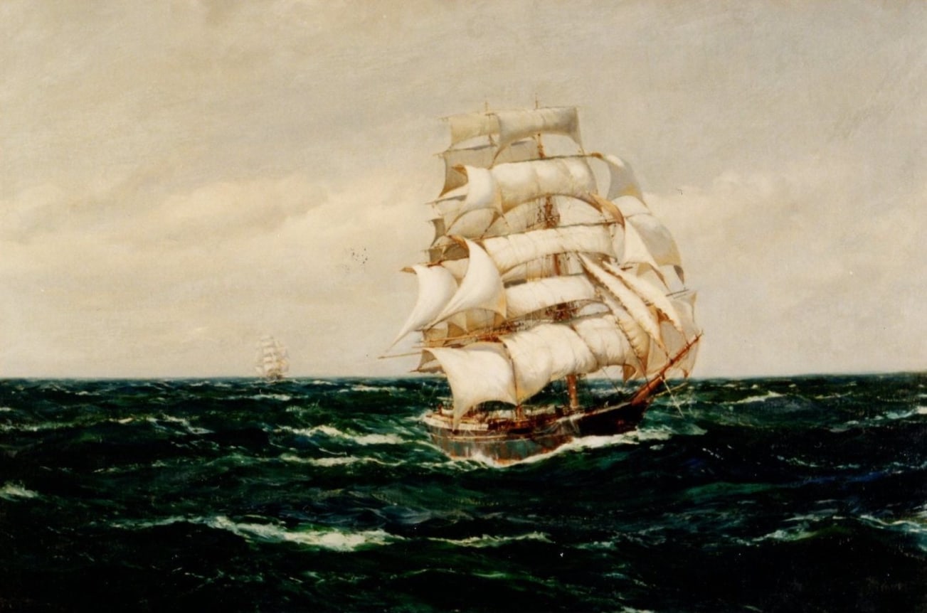 Image of sold oil painting of two clipper ships under full sail at sea by Montague Dawson.