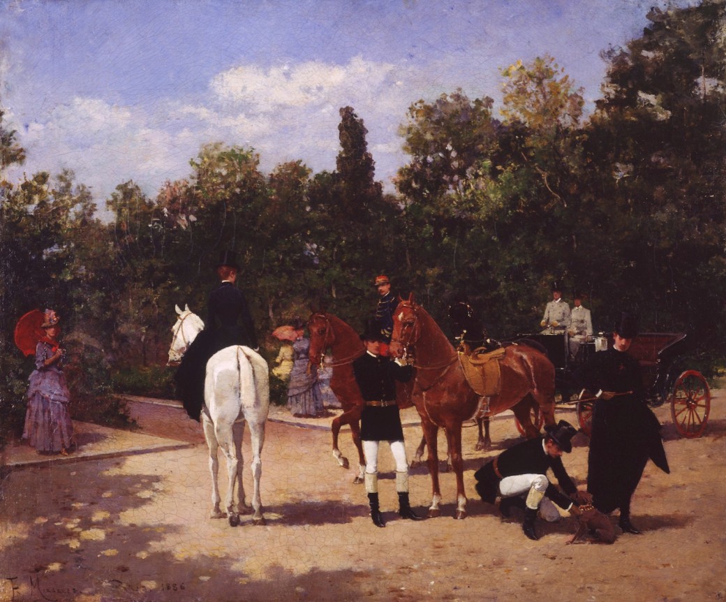 Image of sold painting by Francisco Miralles entitled &quot;Paris Park Scene&quot; showing several riders, mounted and unmounted on horses in a park setting.