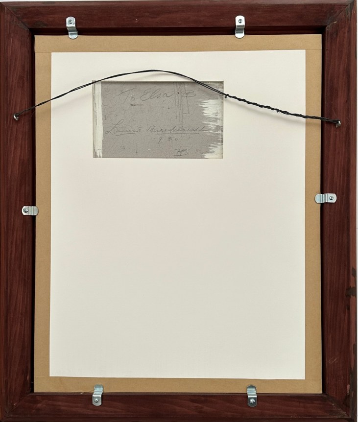 Image of verso of Hans Burkhardt's 1930 nude portrait of his wife Louise, kneeling on a sofa.