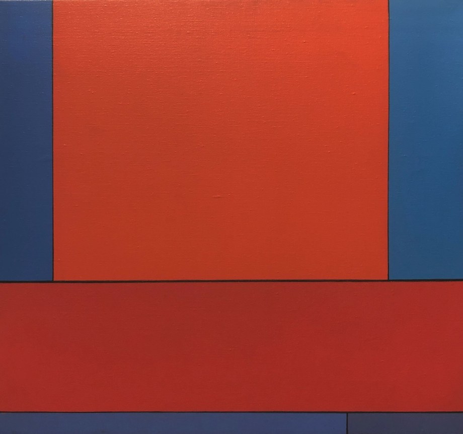 Image of sold oil painting by Ludwig Sander entitled &quot;Pawnee XIII&quot; showing color blocks in blues, orange and red.