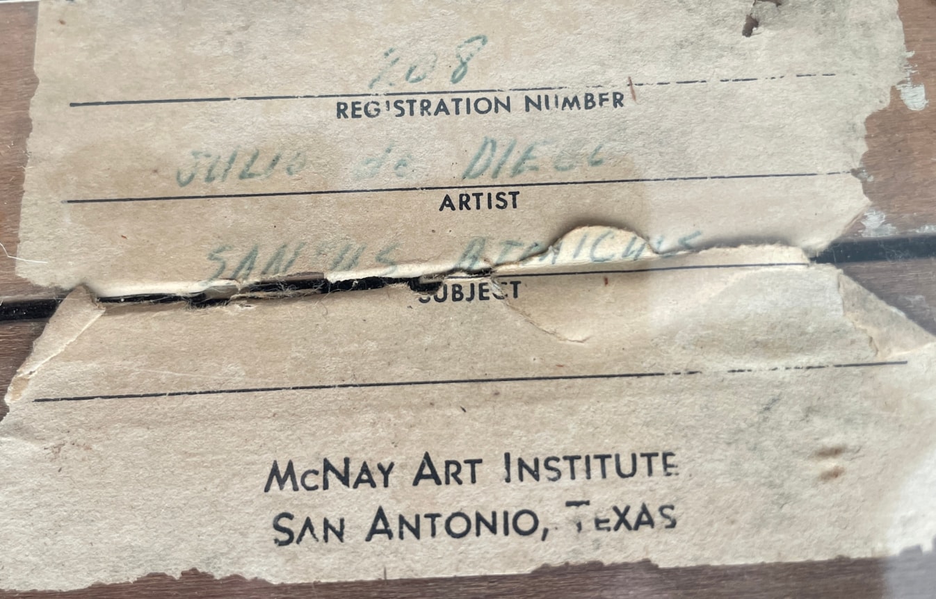 Image of McNay Art Institute label verso on &quot;St. Atomic&quot; painting by Julio De Diego.