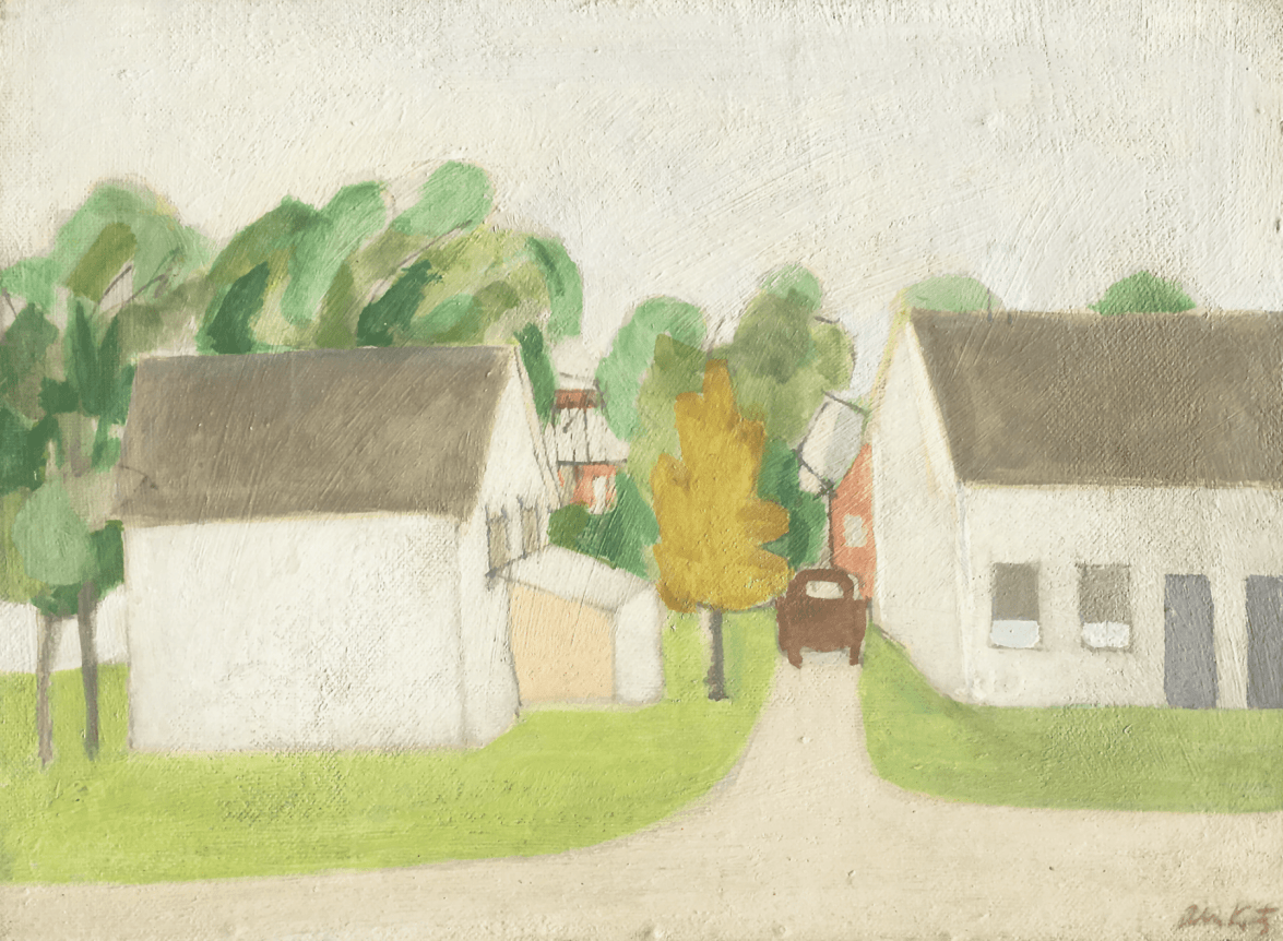 Image of sold oil painting of buildings with trees beyond and a brown truck parked in the lane by Alex Katz.