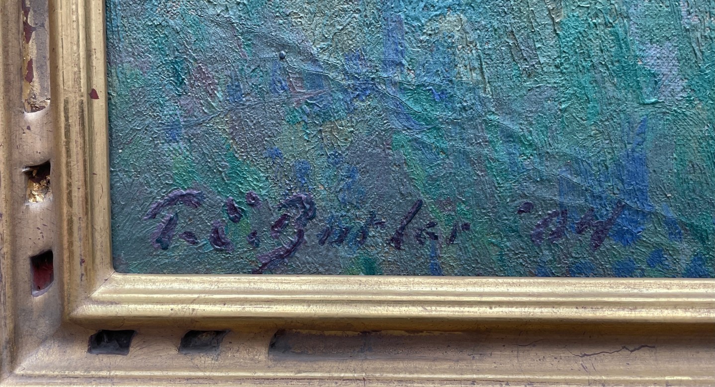 Image of signature and date on &quot;Farm Orchard in Winter&quot; painting by Theodore Butler.