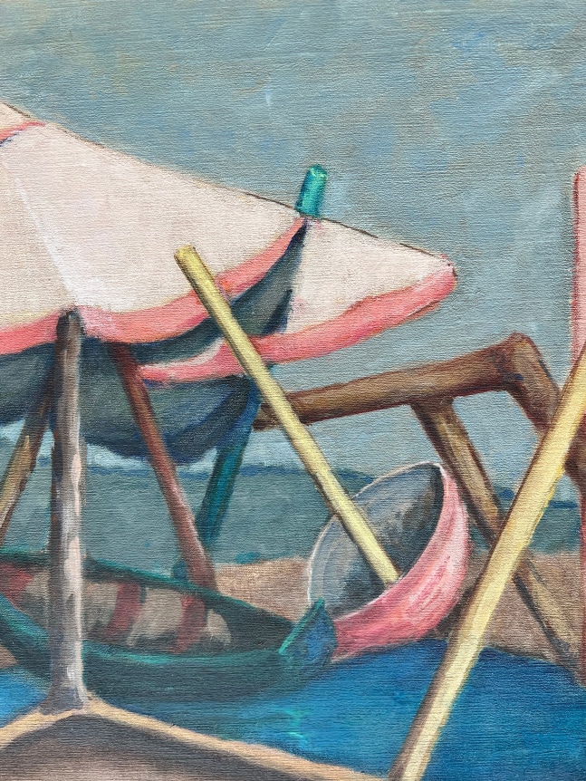 Closeup image of detail of the beach scene oil painting by Louis Wolchonok.