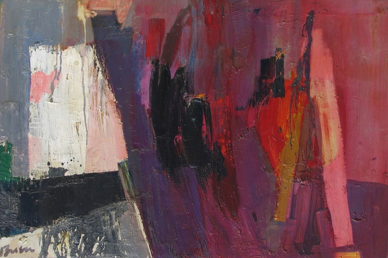 Image of sold abstract oil painting by Peter Busa entitled &quot;Venetian Glow&quot; showing strong brushwork in reds, purples, creams, gray and black.