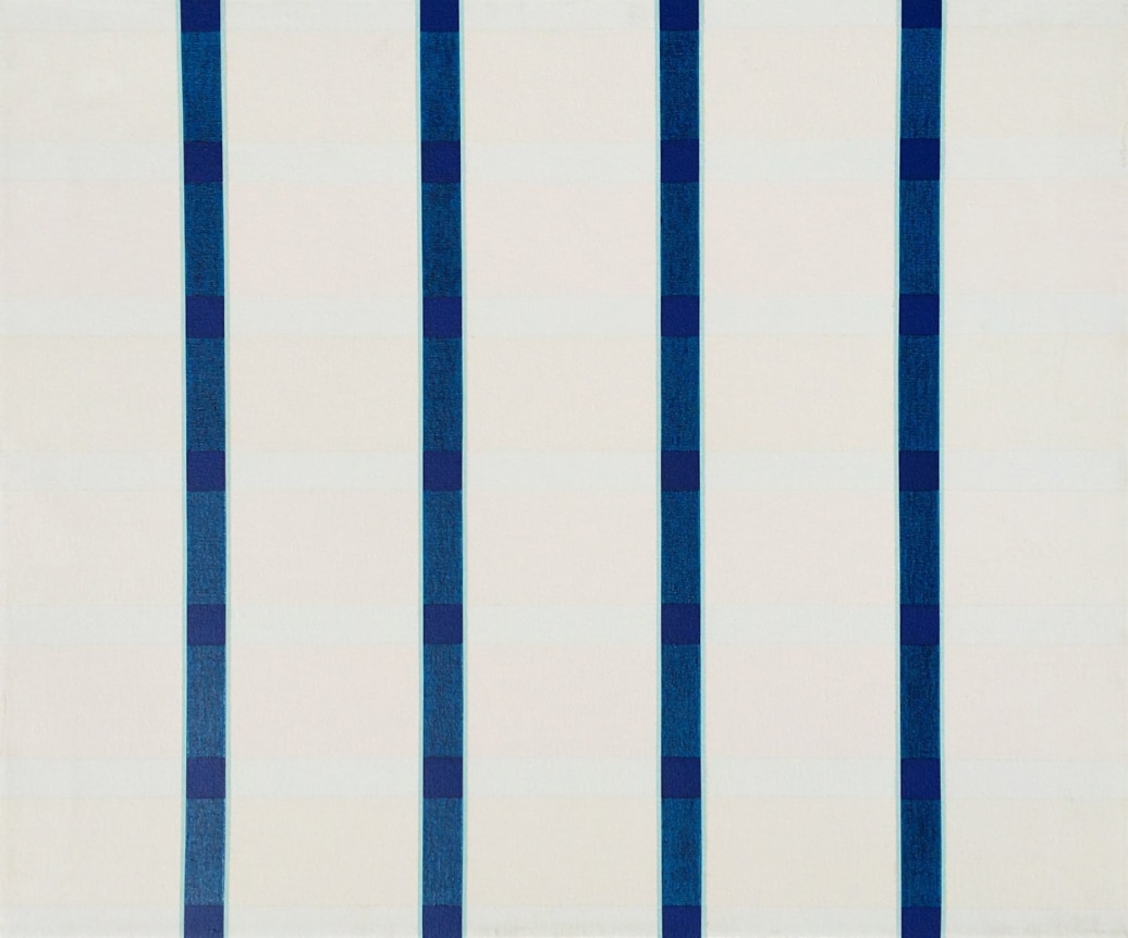 Image of sold hard edge abstract oil painting titled "Four & Six, No.1" by Naohiko Inukai, done in blues and white.