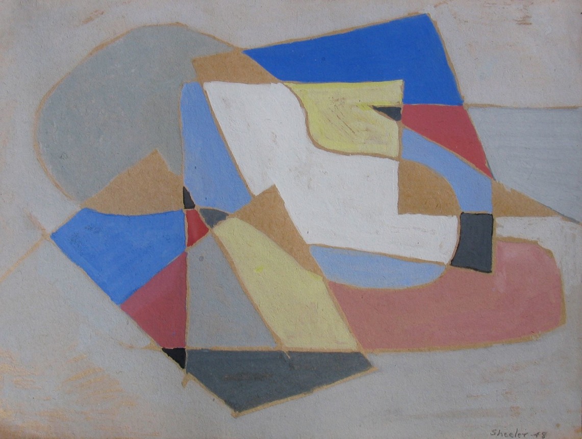 Image of untitled non-objective abstract painting by Charles Sheeler in blues, yellow, reds, grey and white.