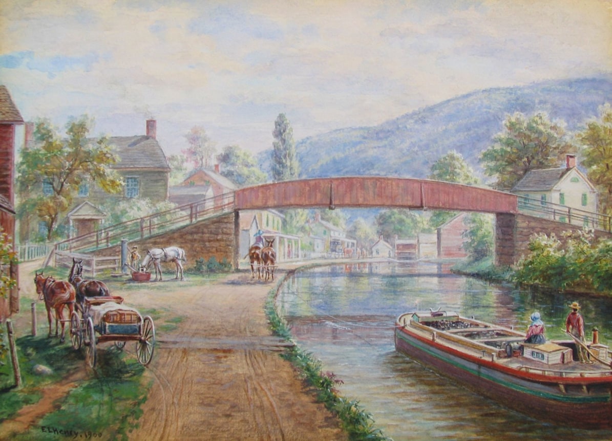 Image of watercolor by E.L. Henry of the Delaware & Hudson Canal in Ellenville, NY, showing a barge being pulled by two mules.