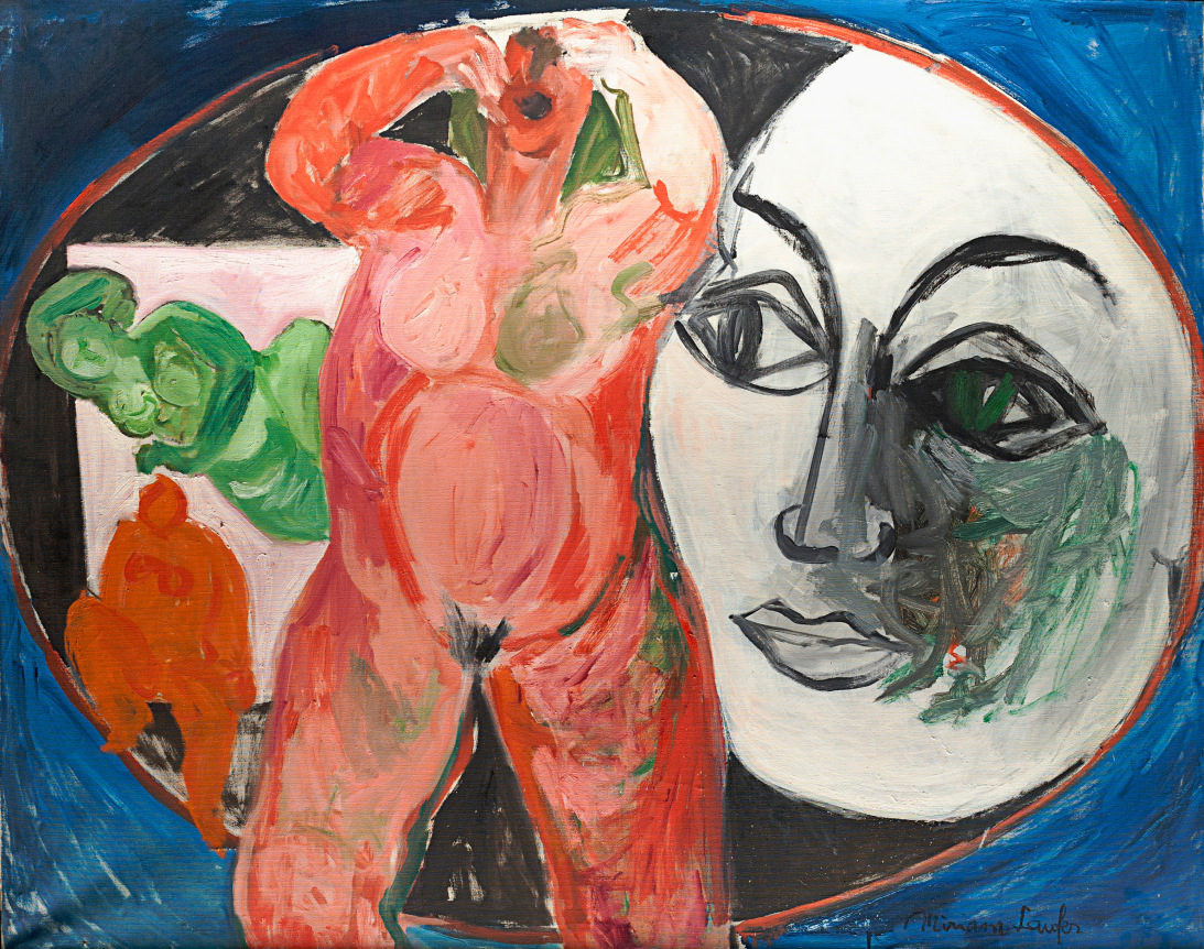 Image of 1966 oil painting by Miriam Laufer of abstract nude figures in pink, red and green with a white face looking toward them.