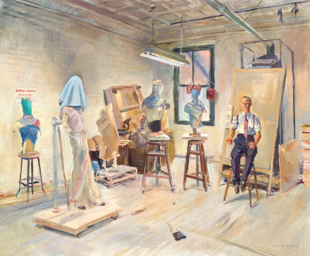 Image of Louis Bouche's painting &quot;Judgement of Paris&quot; which show's an artist's studio with some mannequins, a live model holding an apple and some crates leaning against a wall.