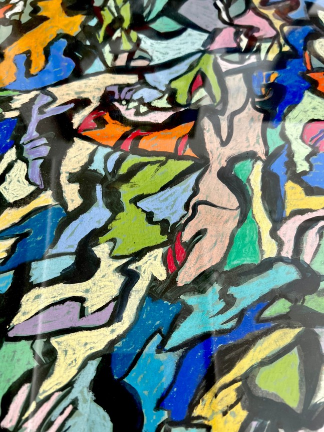 Image of detail on untitled (MaFr007) painting by Fred Martin in pastel and acrylic of greens, blues, oranges with many shapes outlined in black.
