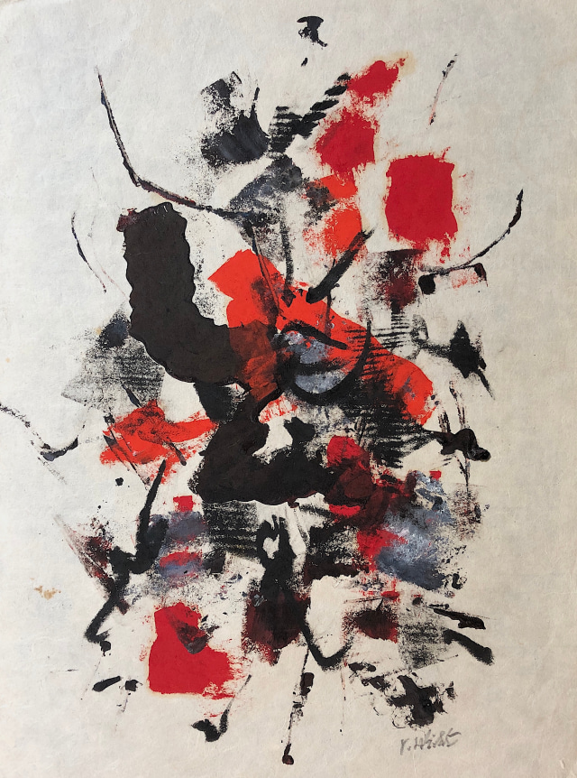 Image of abstract untitled #004 painting by John Von Wicht depicting black, red, white and grey paint on a light colored background.