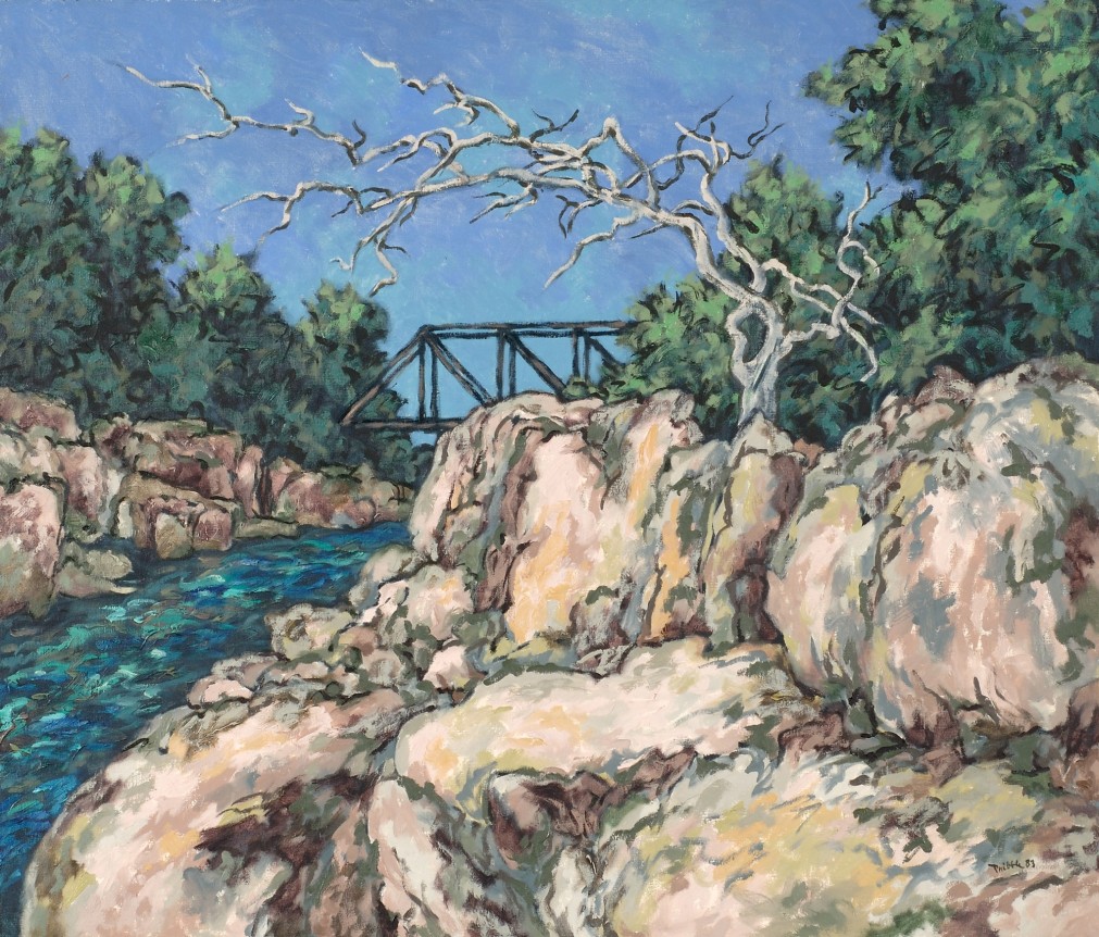 Image of sold oil painting of Ohio Gorge with bridge in background by Easton Pribble.