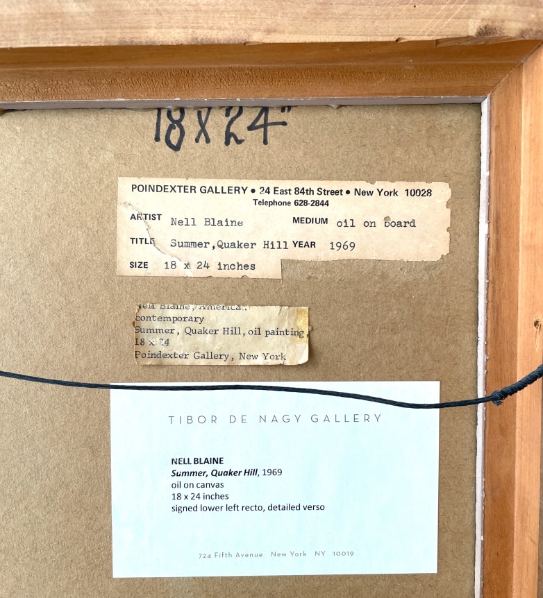 Image of labels verso on oil painting "Summer, Quaker Hill" by Nell Blaine.