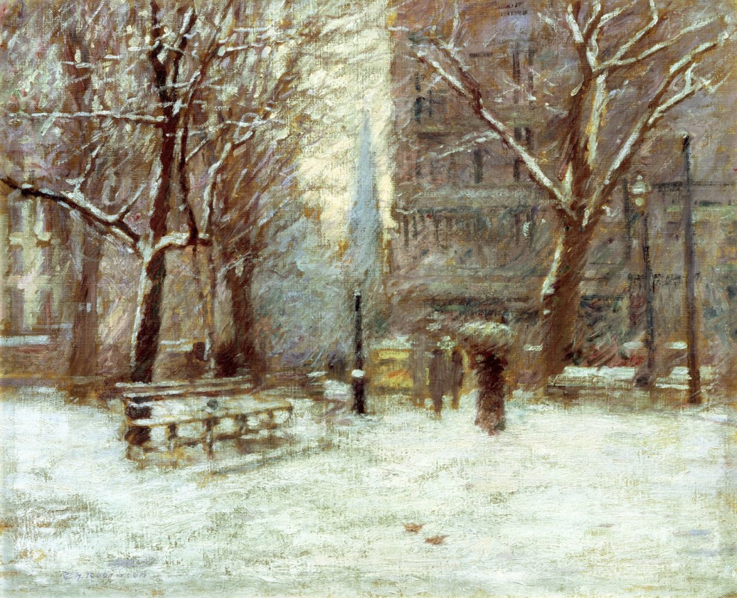 Image of sold oil painting showing Union Square in wintertime with people walking through the snow by Theodore Robinson.