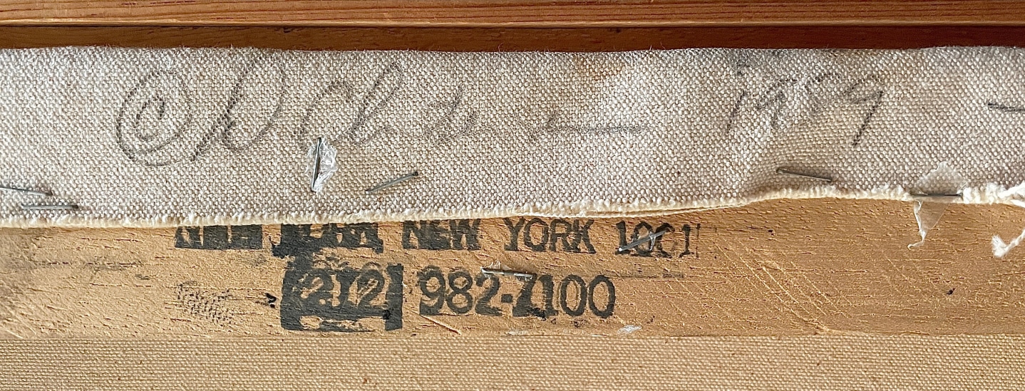 Image of signature  and date on back of canvas of "Java" painting by Dan Christensen.