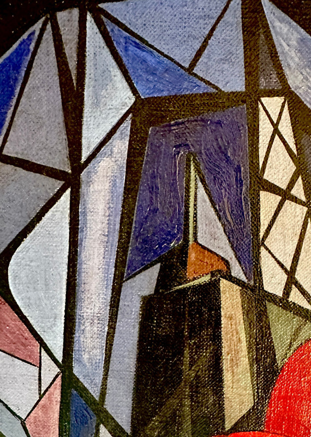 Closeup image of a detail from the painting "Environs of a Bridge" by Seymour Franks.